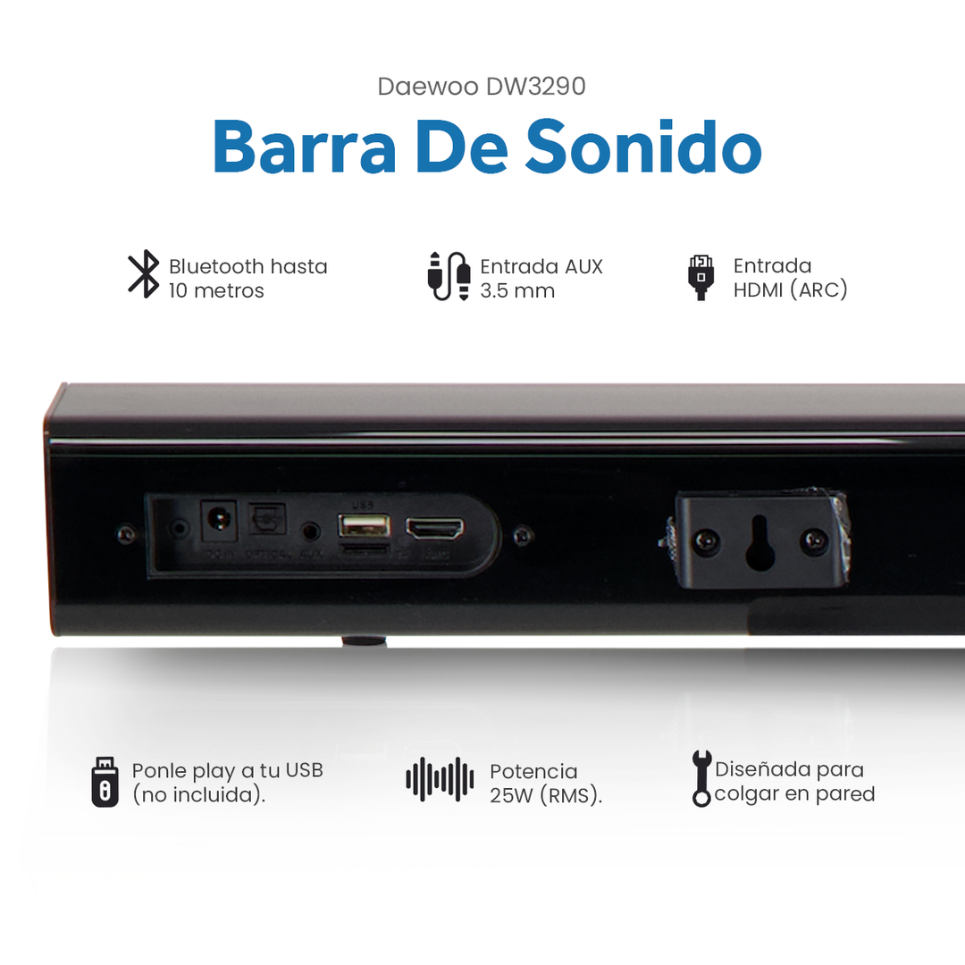 Barra de Sonido Daewoo DW3290 Conexión Inalámbrica Bluetooth 5.0 HDMI ARC AUX 3.5mm 20W RMS
