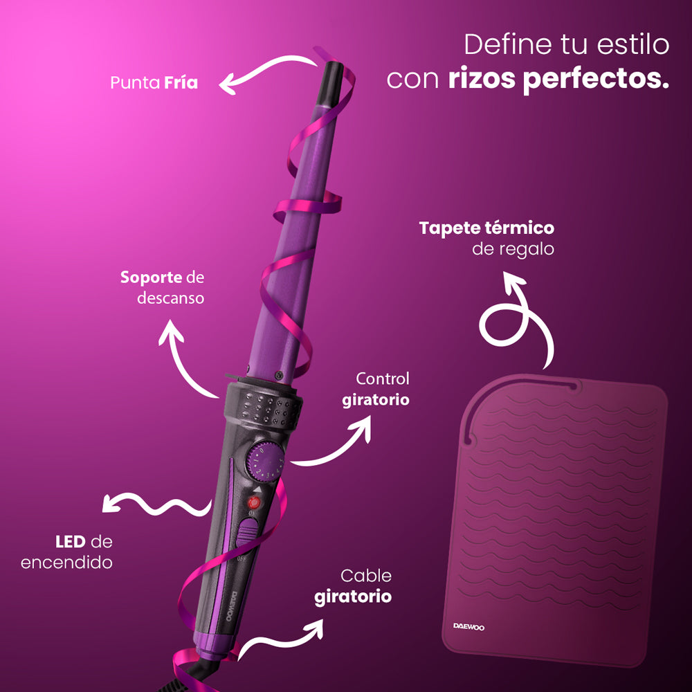 🔥Rizador Ferro Daewoo DW-F1 Profesional de Cabello 0.5" a 1" con Dial y Cerámica + Tapete Térmico