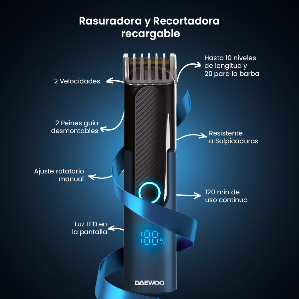 Kit Rasuradoras Afeitadora 11 en 1 Daewoo DW‑RECST + DW‑REC1  para Cabello 4 Cabezales Intercambiables Para Nariz y Orejas, Para Hombre