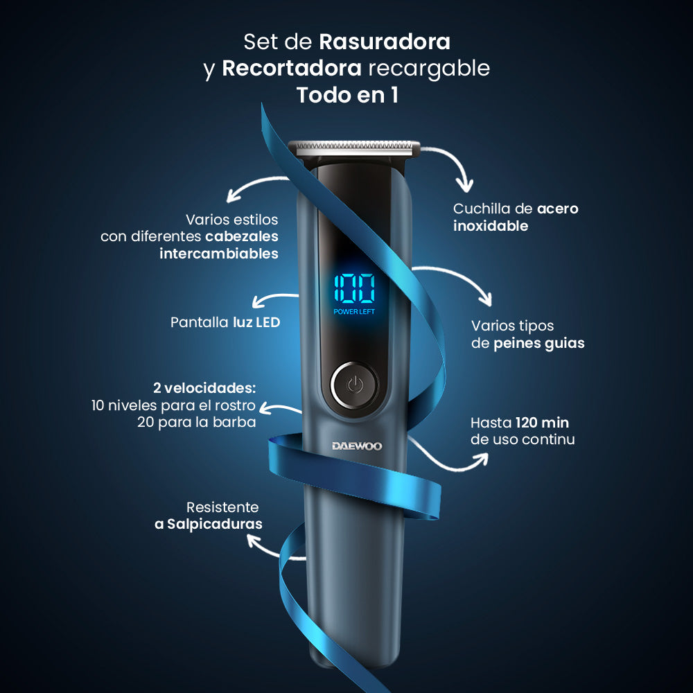 Kit Rasuradoras Afeitadora 11 en 1 Daewoo DW‑RECST + DW‑REC1  para Cabello 4 Cabezales Intercambiables Para Nariz y Orejas, Para Hombre