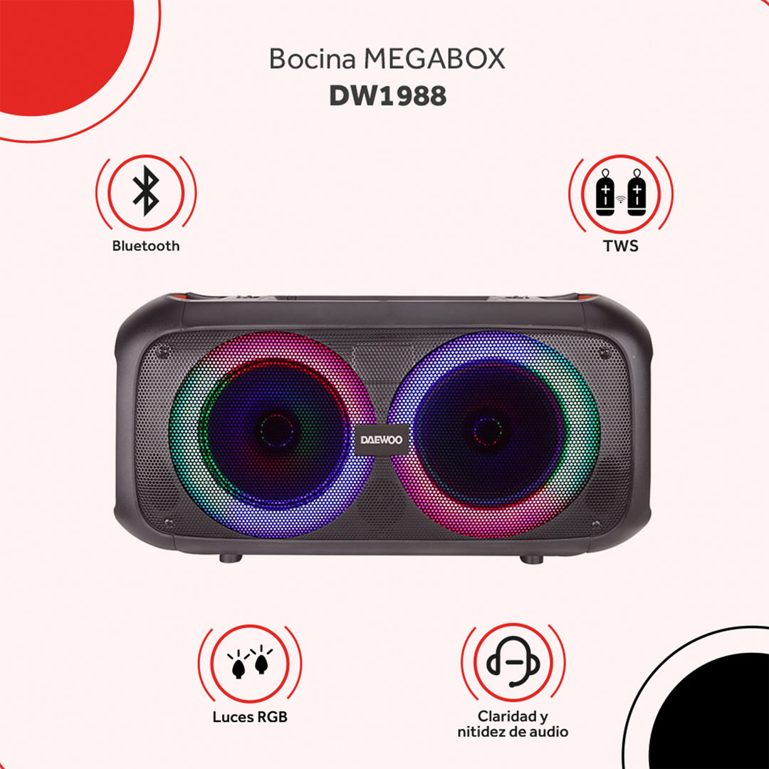 Bocina Bluetooth Recargable 2x6.5 Pulgadas Daewoo Megabox Dw1988 Luz Led Rgb