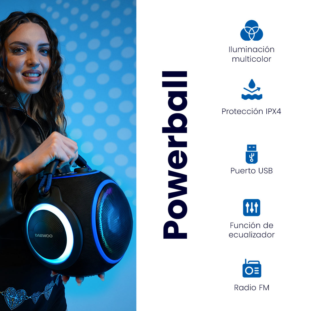 Bocina Portátil Daewoo DW230 Power Ball Bluetooth Tecnología IPX4 Bass Boost e Iluminación