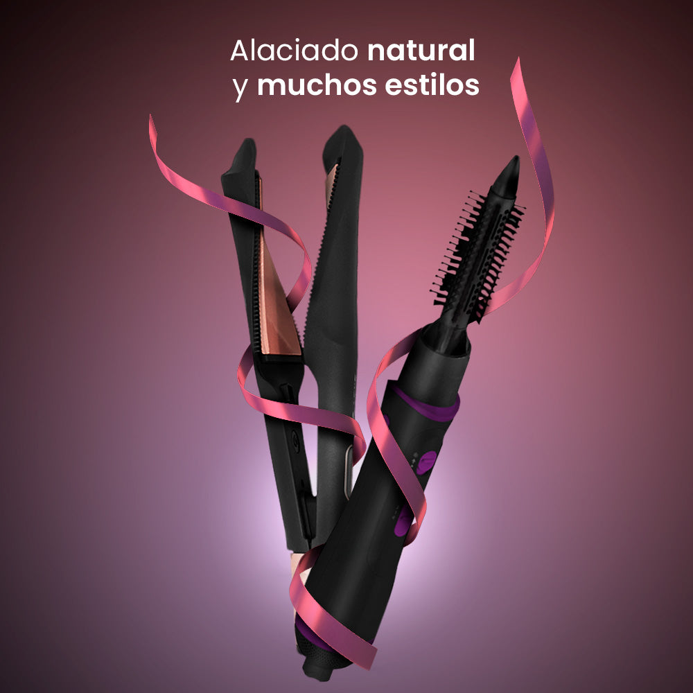 Kit Cepillo Multiestilizador de aire 6 en 1 DW-6N1 + Plancha 2 en 1 Alacía y Riza DW-RZ1 Control de Temperatura Recubrimiento de Cerámica